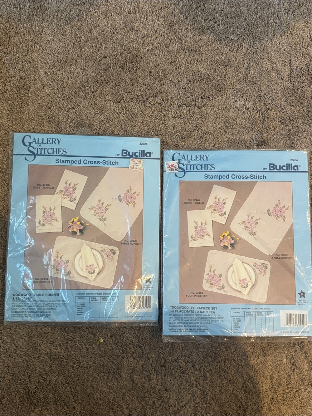 Bucilla Floral Dogwood Cross-Stitch Set Pink & Green runner 2 napkins & 2 mats
